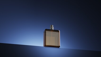 Closeup Perfume bottle isolate on blue scene lighting studio display background. Cosmetic Product idea concept. 3D rendering.