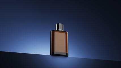 Closeup Perfume bottle isolate on blue scene lighting studio display background. Cosmetic Product idea concept. 3D rendering.