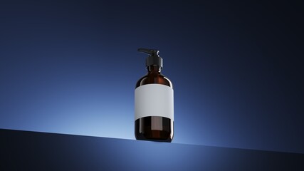 Closeup Pumper bottle isolate on blue scene lighting studio display background. Cosmetic Product idea concept. 3D rendering.