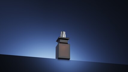 Closeup Perfume bottle isolate on blue scene lighting studio display background. Cosmetic Product idea concept. 3D rendering.	