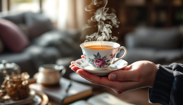 A hand holds a steaming teacup with floral design