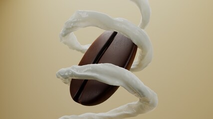Close-Up of Milk Slowly Spinning Around a Coffee Bean. 3D Render
