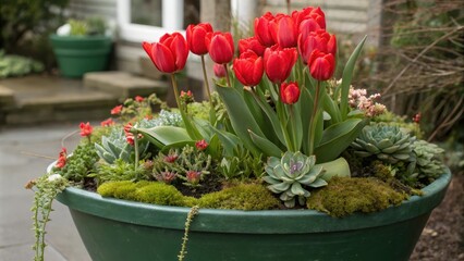 Red tulips in a large green planter with succulents and moss, red tulips, indoor gardening