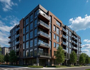 Contemporary multi-story urban apartment complex with brick and modern panels under blue sky