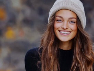 Fototapeta premium Smiling woman with long hair wearing a knit hat in a natural setting