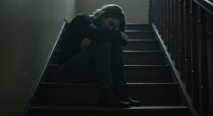 Woman Sits Alone On Dark Wooden Stairs Feeling Sad