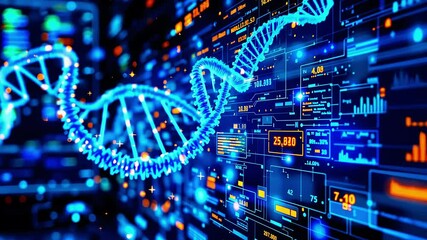 Abstract representation of data visualization with glowing DNA strand and digital interface background - Powered by Adobe