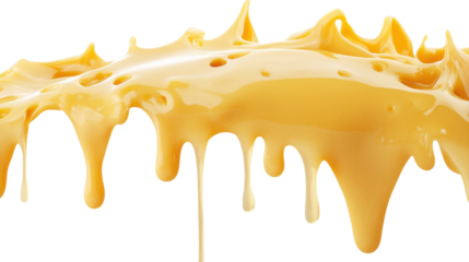 Flowing melted cheese dripping down on transparent background