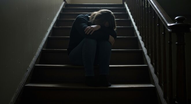 Woman Sitting Alone On Dark Staircase Feeling Sad