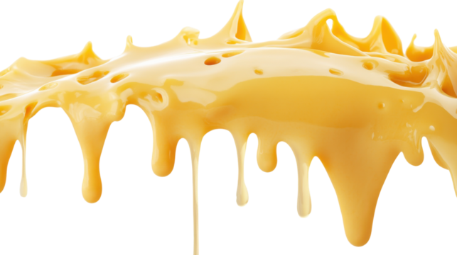 Flowing melted cheese dripping down on transparent background