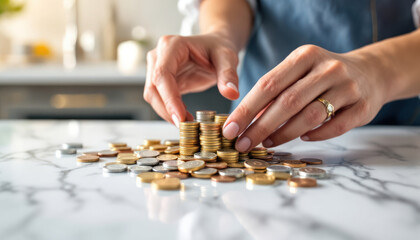 Woman arranging stacks of coins on a marble surface