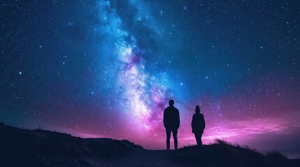 Fototapeta premium Silhouetted figures gazing at a vibrant starry night sky