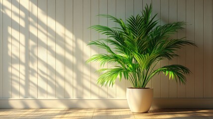 Fototapeta premium Sunlight illuminates potted palm plant in room