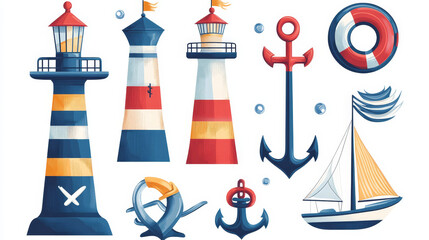 Lighthouse striped tower, anchor and nautical ship with sails. Vector beacon, vintage aqualung and sailboat in ocean water. Sea adventures spirit, marine travel and aquatic maritime