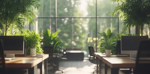 Modern Open-Space Office with Desks, Computers, and Green Plants - AI generated illustration