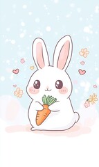 Cute Bunny Rabbit Holding Carrot  Spring Flowers Background