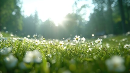 Obraz premium Sunlit daisies in a dewy meadow, forest background, nature scene
