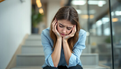Sad Young Woman Sitting On Stairs Feeling Depressed
