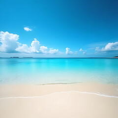 Fototapeta premium Tropical Beach Paradise: Azure waters meet pristine white sands under a vibrant blue sky, creating a picturesque tropical beach scene perfect for relaxation and escape. 