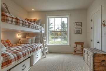 Bright and fresh white boy's bedroom with double bunk beds, plaid bedding, and simple decor, ideal for children with natural light and cozy atmosphere.