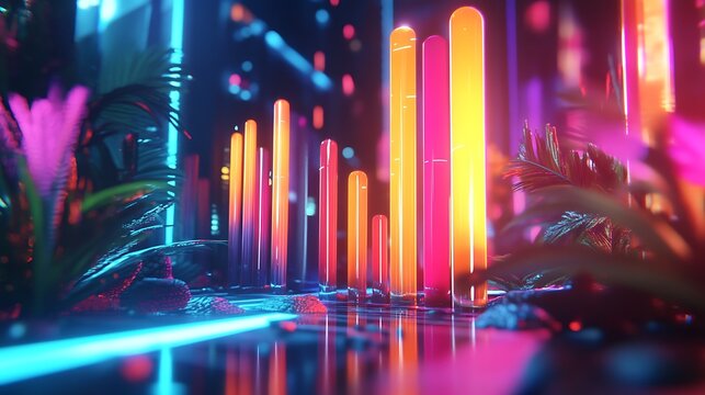 Neon columns with plants, glowing in night scene use