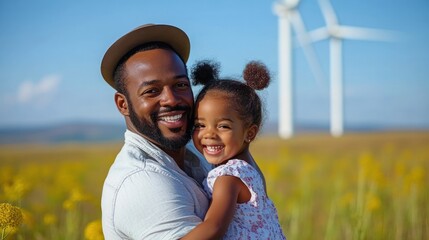 Obraz premium Happy father daughter field portrait, wind turbines