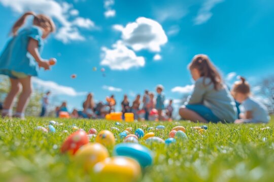 Easter egg hunt event on the grass with children and adults searching for colorful eggs on holidays 
