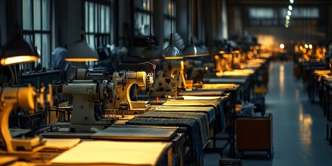 Vintage Sewing Factory with Detailed Machines and Textile Fabrics - AI generated illustration