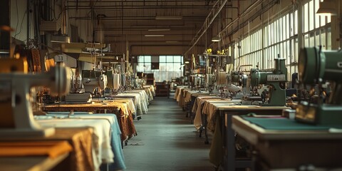 Naklejka premium Vintage Sewing Factory with Detailed Machines and Textile Fabrics - AI generated illustration