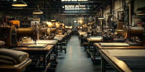 Naklejka premium Vintage Sewing Factory with Detailed Machines and Textile Fabrics - AI generated illustration