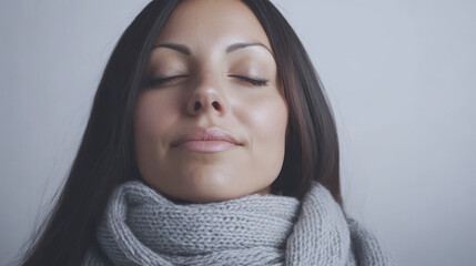 Fototapeta premium Young woman relaxing with closed eyes wearing a cozy scarf in a calm setting
