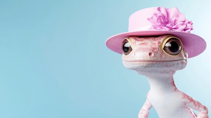 Fototapeta premium Playful Lizard in Pink Hat with Flower on Blue Background