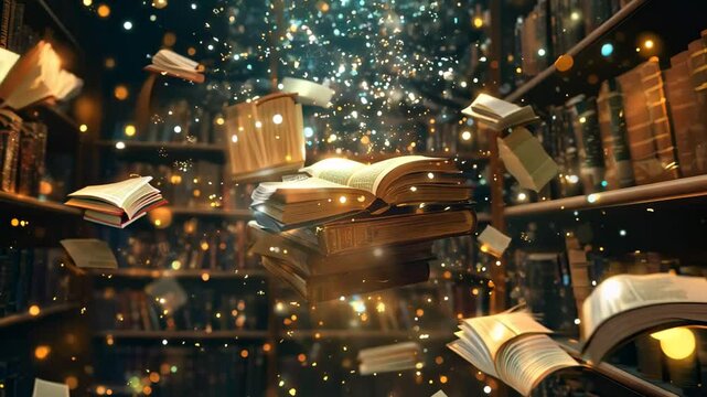 Flying magic books in the library. 