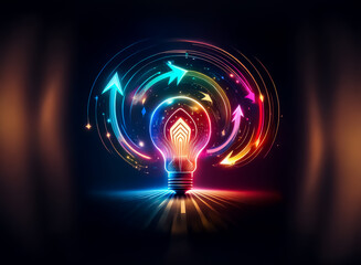 Obraz premium A vibrant lightbulb glows, encircled by swirling, multicolored arrows, symbolizing growth, innovation, and progress. The dark background enhances the light's brilliance.