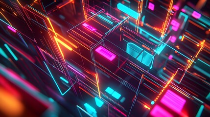 Neon grid abstract background, digital art, futuristic design