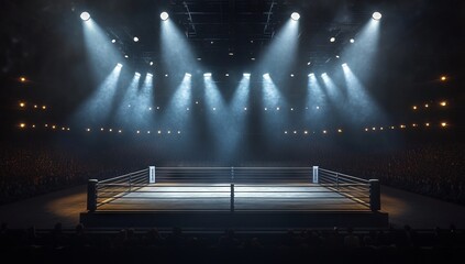 Dramatic Boxing Ring with Spotlights and Audience in Background - AI generated illustration