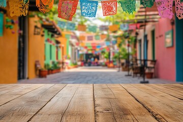 Fototapeta premium Wooden Table Background with Blurred Mexican Restaurant Interior and Colorful Paper Flags - AI generated illustration