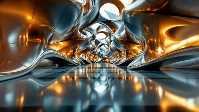 Futuristic tunnel with metallic reflective surfaces and dynamic light movement