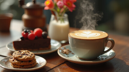 Fototapeta premium A cozy table set with a steaming cup of coffee adorned with latte art, alongside a decadent chocolate cake, fresh berries, and chocolate chip cookies, with a vase of flowers.