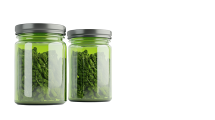 Healthy green asparagus preserved in glass jars, showcasing vibrant freshness. transparent background