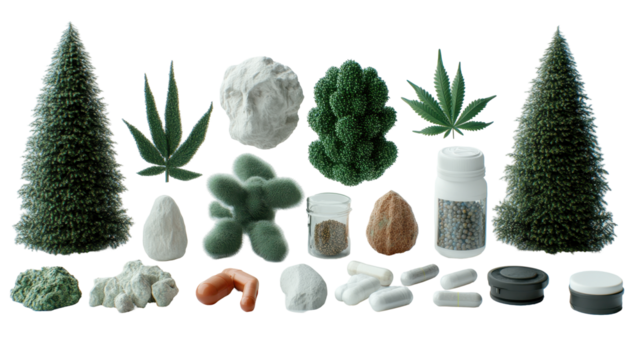 Collection of artificial plants and various pills arranged artistically together. transparent background