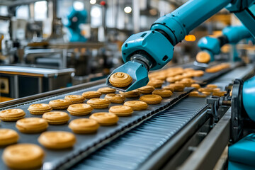 Naklejka premium Robotic arm placing cookies on conveyor belt in factory