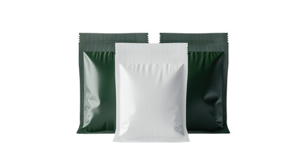 Three assorted sealed food packaging bags in white and green colors. transparent background