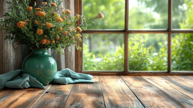 Autumn flowers vase windowsill wood background, home decor