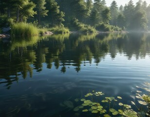 Shimmering ripples on a serene lake's surface with hints of aquatic vegetation, , hints