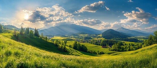 Obraz premium Panoramic Spring Landscape of Carpathian Mountains Near Zvorek Village - AI generated illustration
