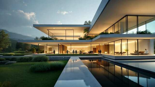 Modern architectural masterpiece with elegant lighting and scenic surroundings at dusk
