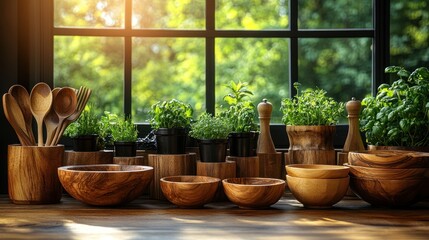 Fototapeta premium Sunlit kitchen window, wooden bowls & herbs