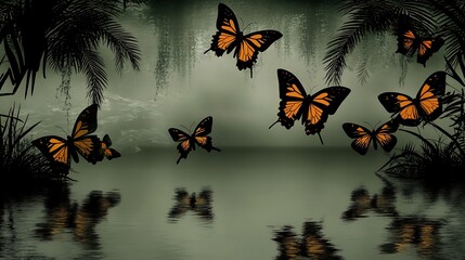 Orange butterflies flutter over misty jungle lagoon, ideal for nature themes