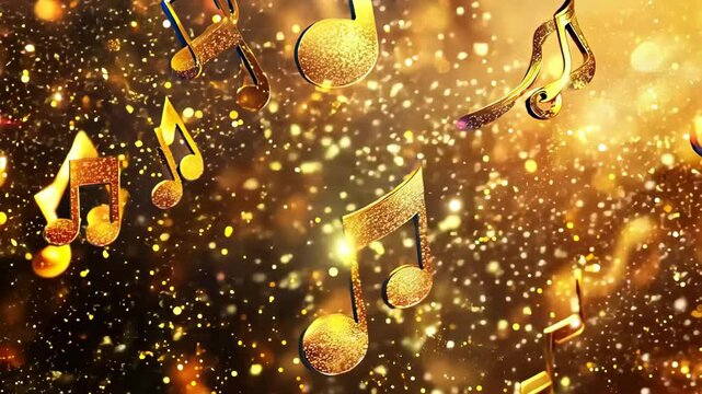 Golden Music Notes Flowing, Flying on Golden Bokeh Background. 